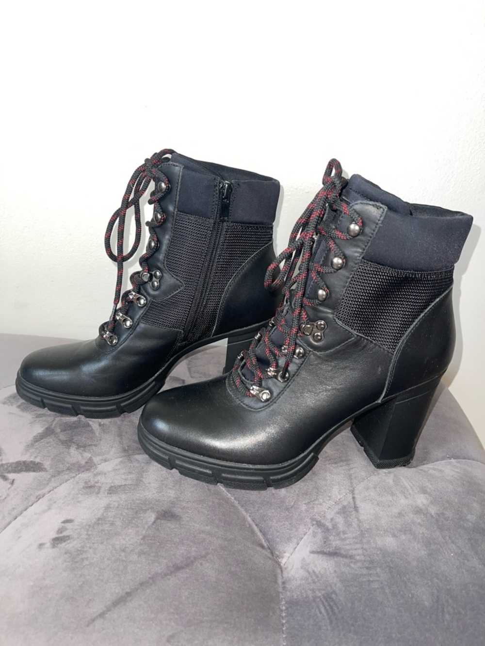 Aldo Black Lace-Up Block Heel Combat Boots with Red-Accent Laces